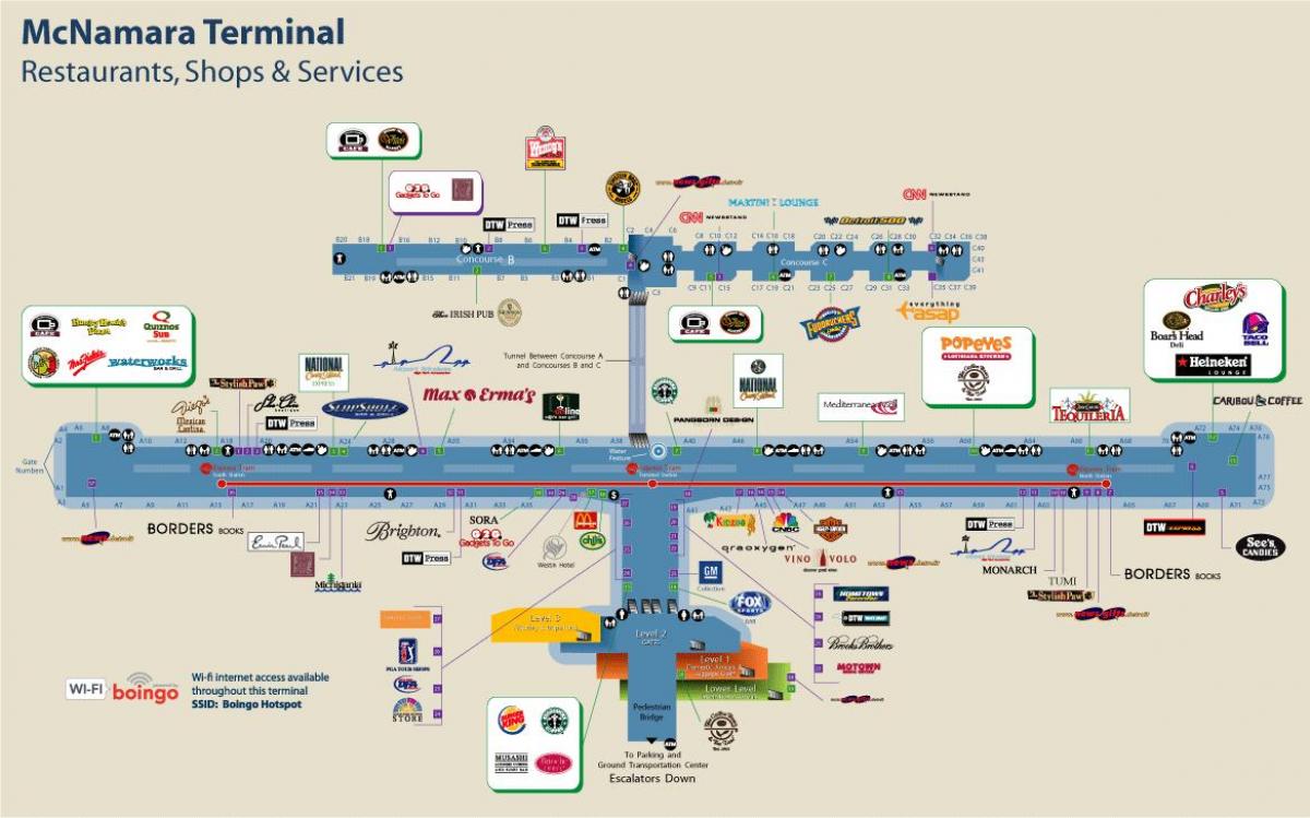 Detroit Aeroporto ristorante mappa